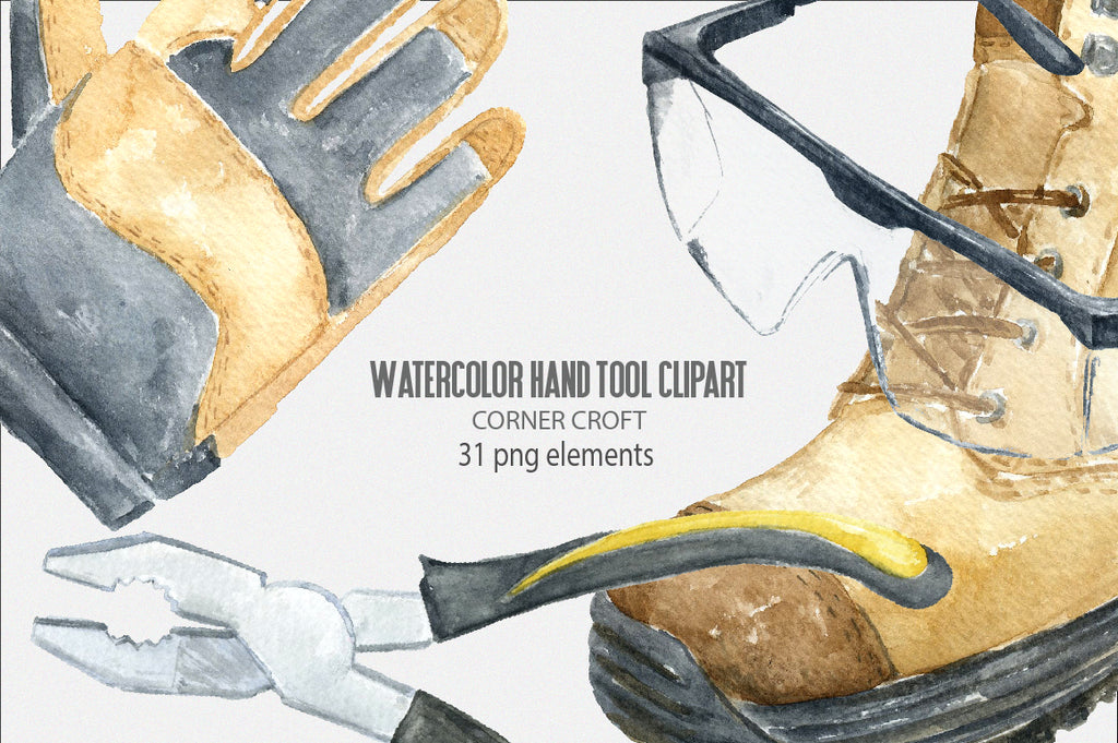 watercolor clipart of gloves, safety goggle, tools, instant download 