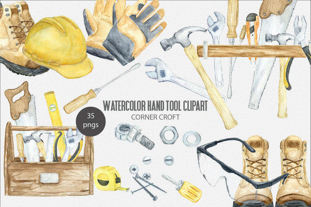 watercolor hand tool clipart, safety boots, bolt and nut, tool box, safety goggle, work gloves, safety hat