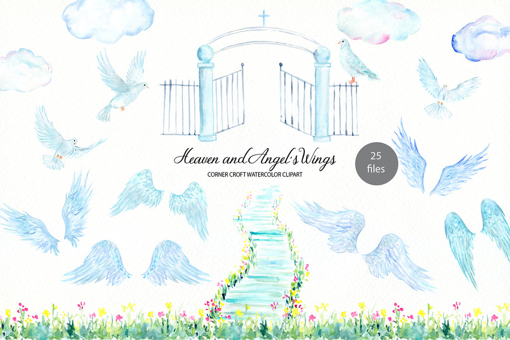 atercolor clipart heaven and angel's wing, angel sword, doves, flower border.