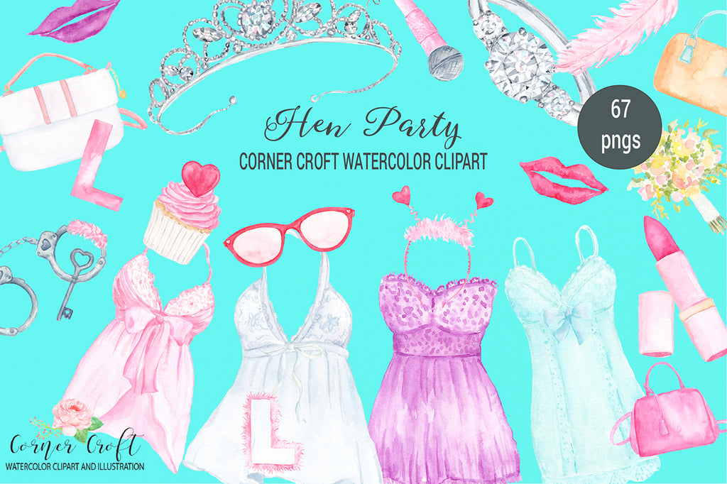 hen party clipart, tiara, diamond ring, champagne bottle and champagne glass, lipstick, veil, sexy lingerie tops, pink L plates, mic phone, handcuffs and key, ribbons, hand bags 