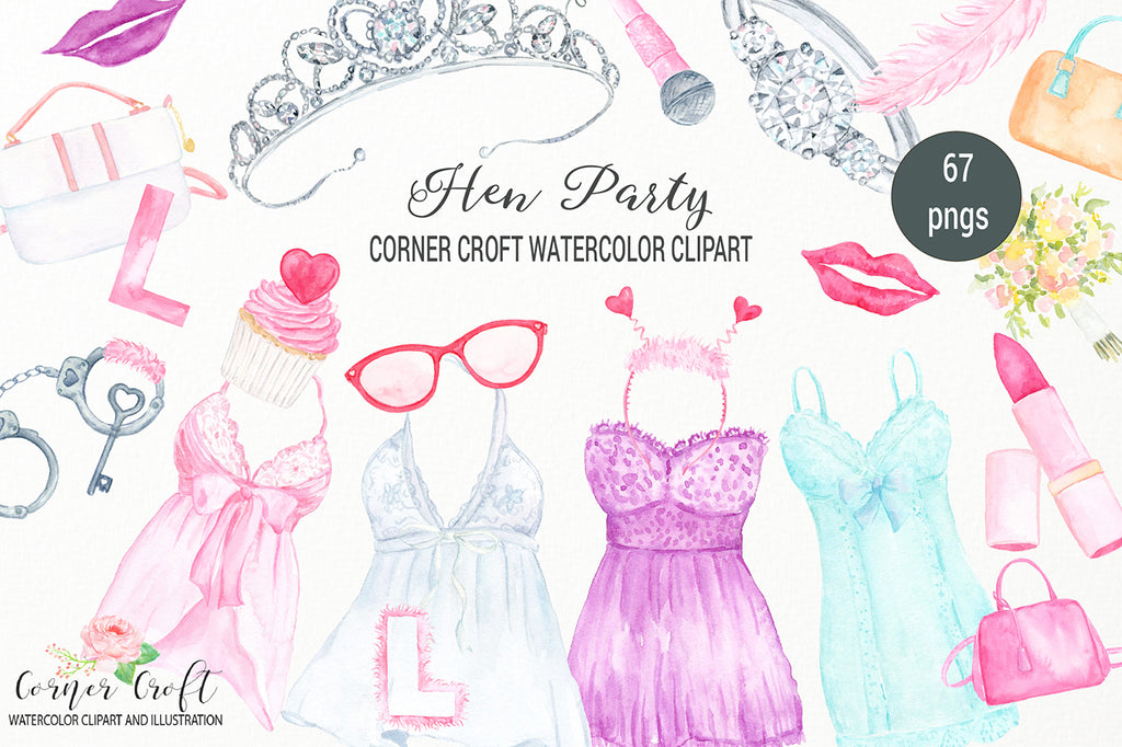 watercolor hen party clipart, sexy cloths, sun glasses, cupcake, lidstick 