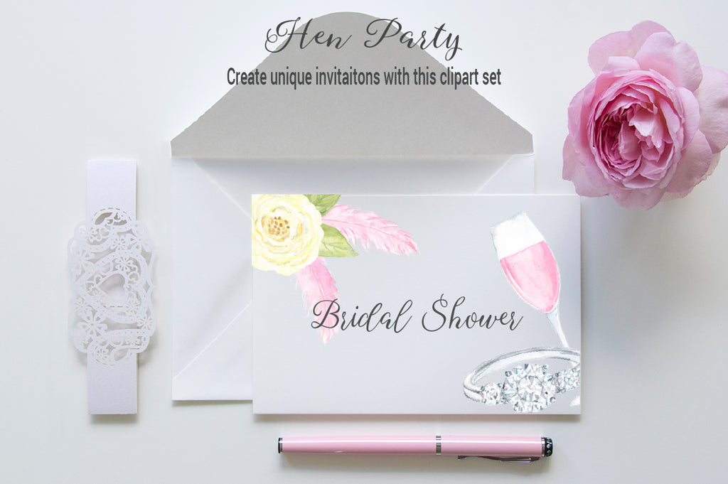bridal shower invitation, watercolor hen do clipart, hen party clipart