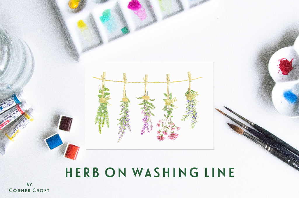 watercolor bunch of herb on washing line, watercolor illustration of herbs, vegetable 