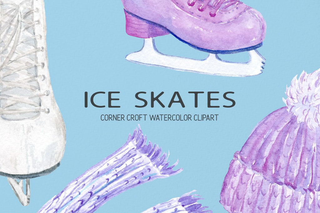 detailed watercolour illustration of ice skates scarf gloves and hats