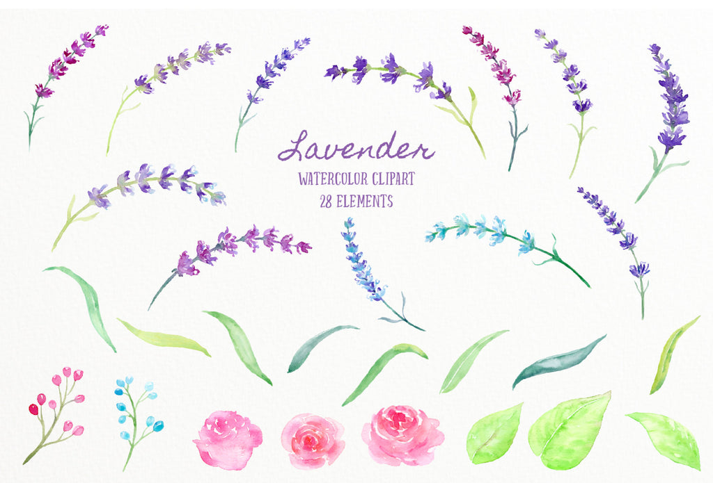 Lavender flowers, sprigs of lavender, pink roses, decorative elements, and ready made lavender wreaths and floral arrangements