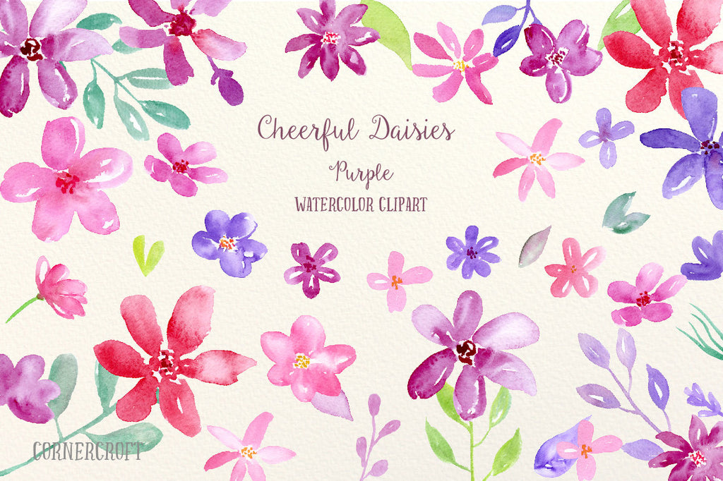 watercolor clipart purple daisy, cheerful daisy flowers for instant download 