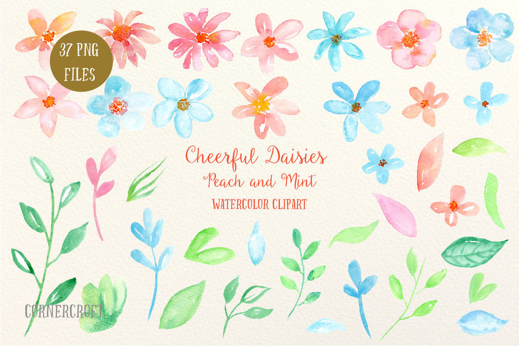 A collection of peach and mint themed daisy flowers and decorative elements for instant download