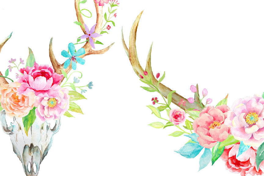floral boho antlers and arrows decorated with peach and pink peonies and floral elements