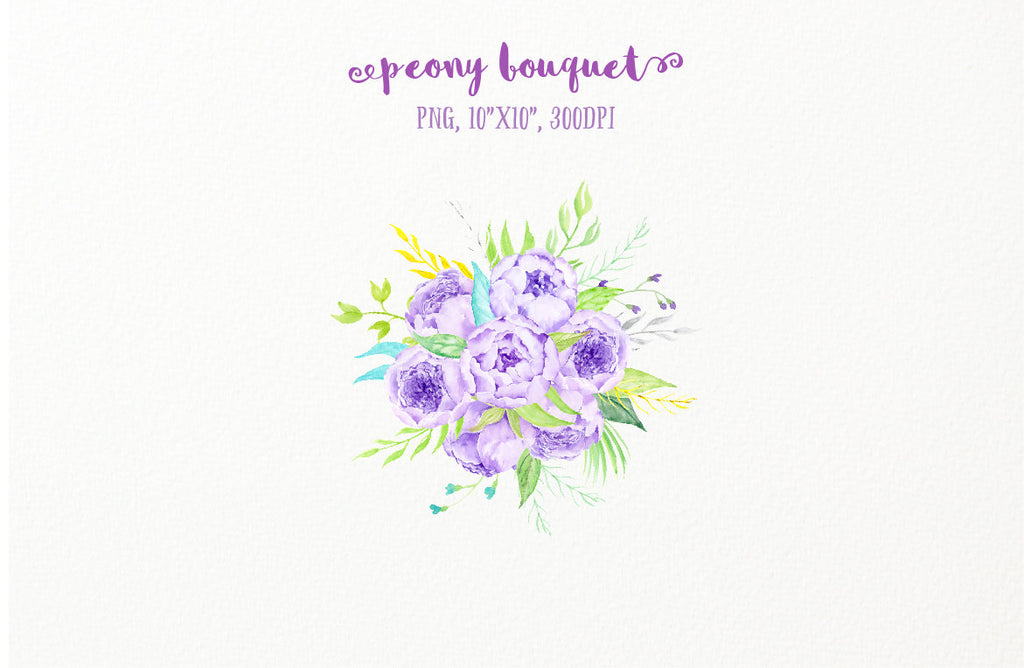 watercolour purple peony bouquet, instand download 