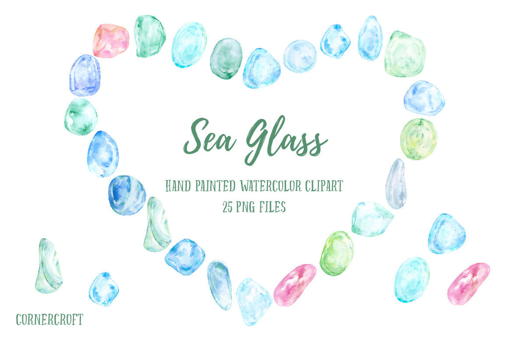 watercolor clipart sea glass, pink, blue, green and purple, instant download 