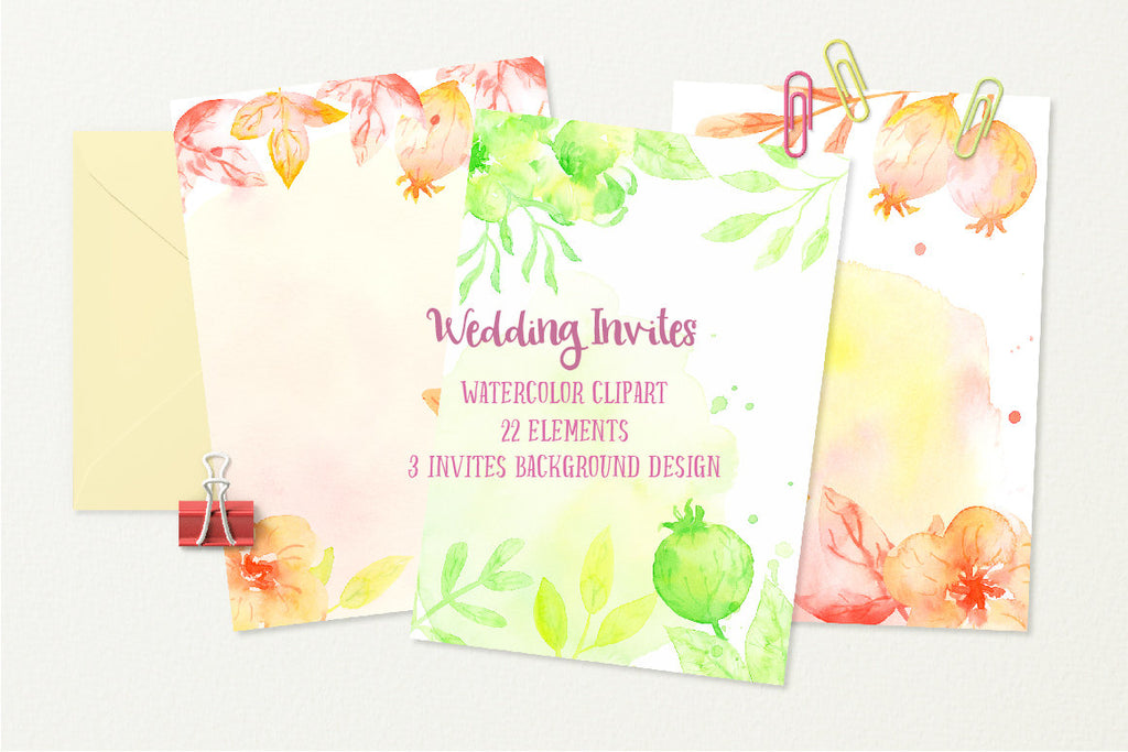 watercolor clipart orange flower, green flower, wedding template