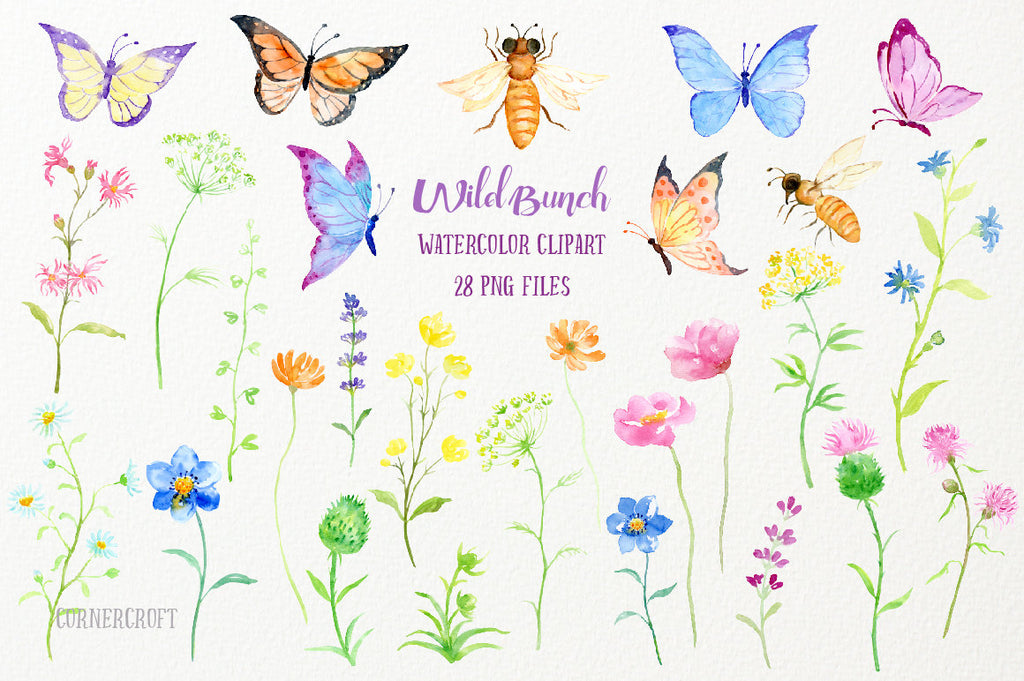watercolor wildflower meadow, butterflies, bees, flower illustration 