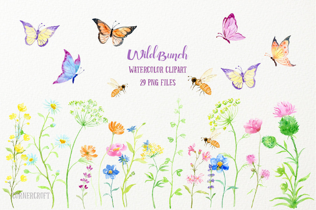 watercolor clipart wild bunch, wild flowers, butterfly, bee, pink flower, yellow flower 