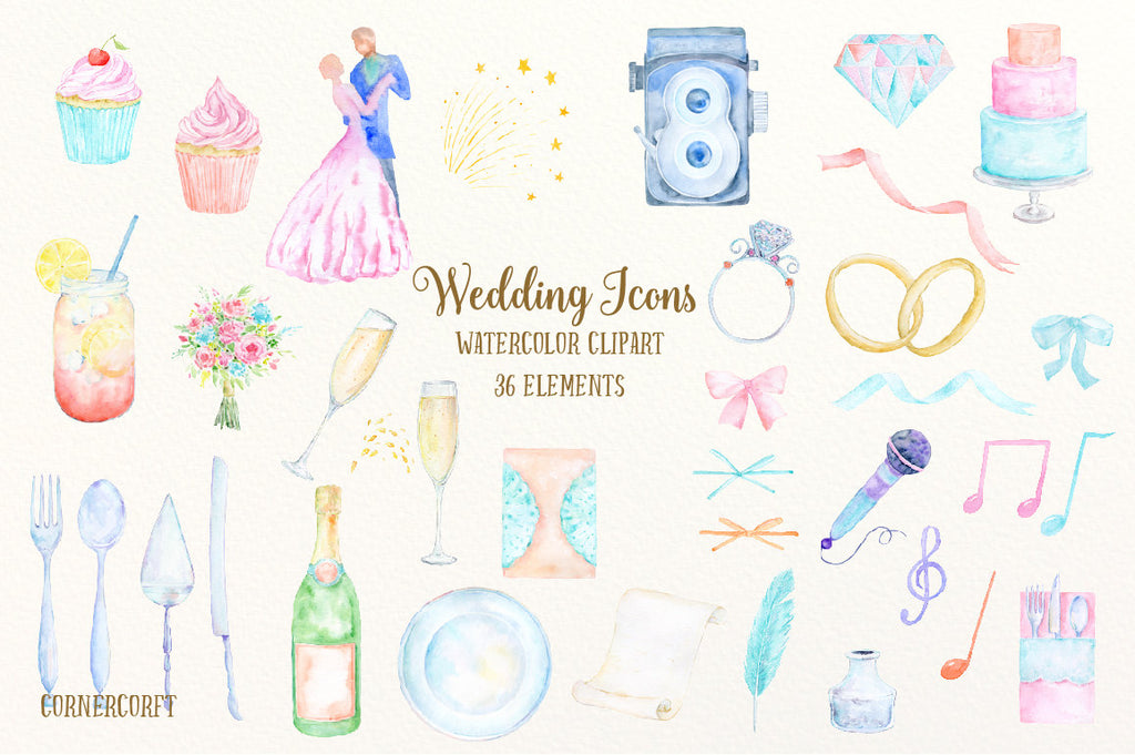 watercolor wedding icons, wedding cake, cup cakes, vintage camera, wedding invitations, notes, ink and paper, champagne and glasses, wedding bouquet, bride and groom dance, music, disco