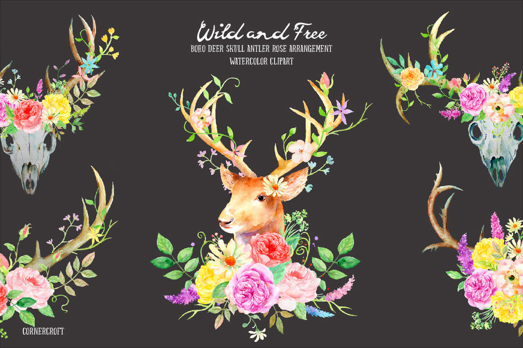 watercolor deer antler and skull floral arrangements, wild and free rose decoration 