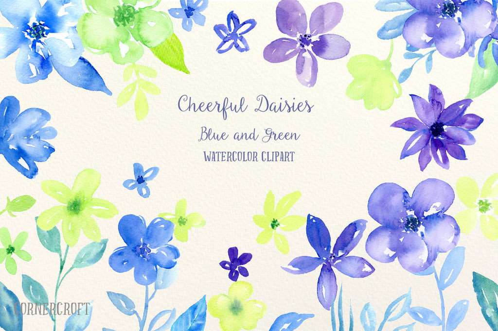 watercolor clipart cheerful blue, blue daisy, green daisy illustration 
