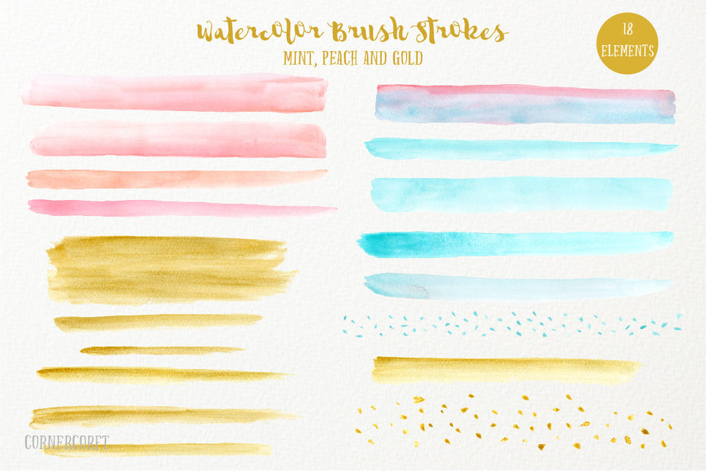 hand painted watercolor brush strokes and confetti in mint, peach and gold for instant download 
