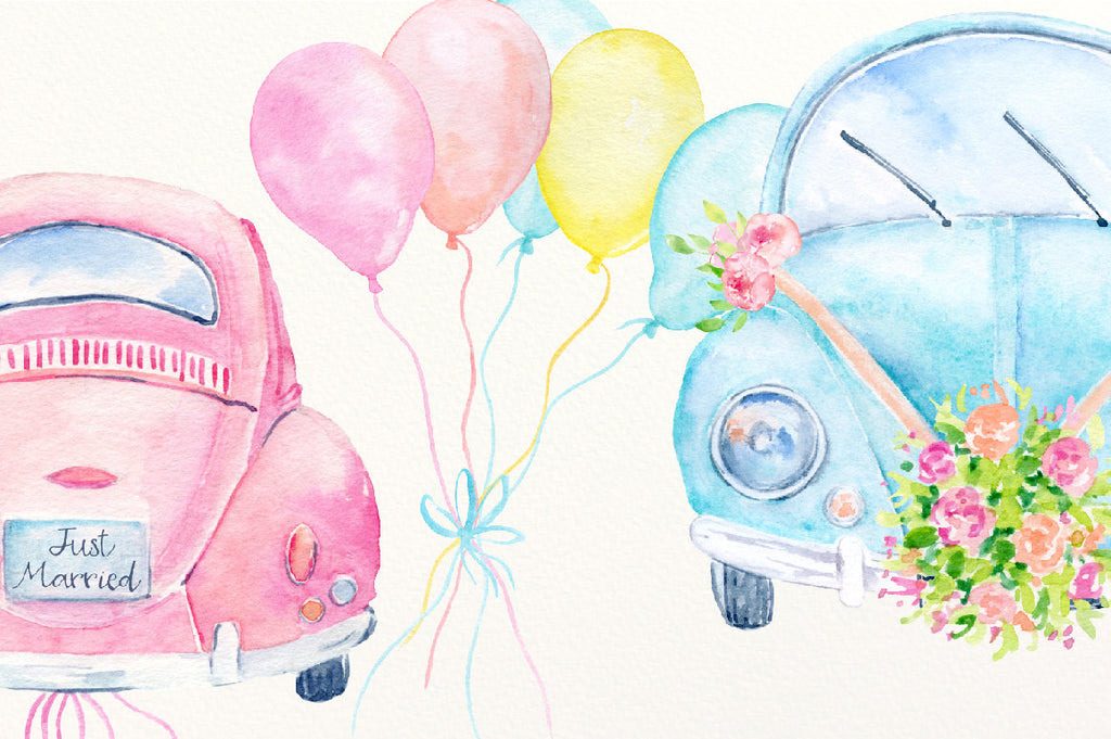 watercolor vintage car, pink car, wedding car, wedding invitations, corner croft illustration 