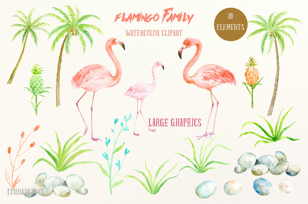 watercolor flamingo family, personalised my family print