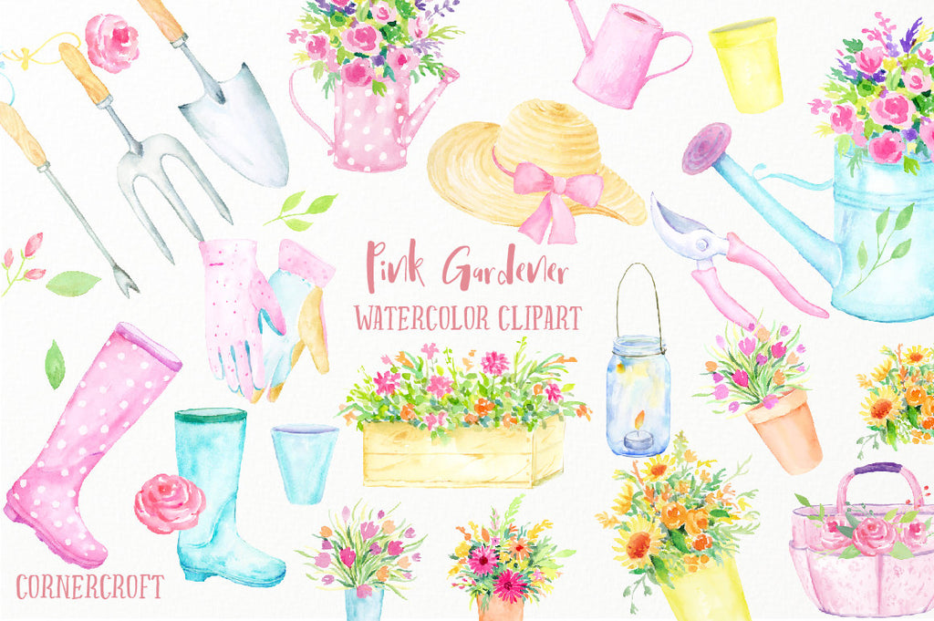 watercolor clipart pink gardener, watercolor pink theme garden tools (fork, trowel, Secateur), garden hat, wellington boots, watering cans, gloves, flower pots 