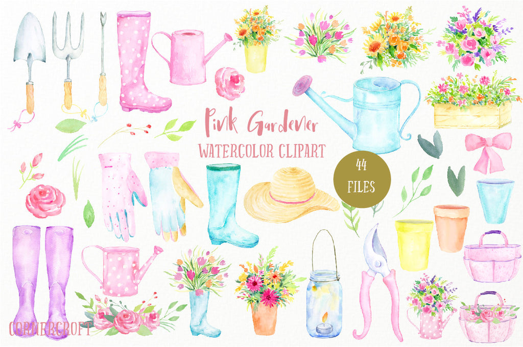 watercolor illustration of pink garden tools, watercolor pink theme garden tools (fork, trowel, Secateur), garden hat, wellington boots, watering cans, gloves, flower pots 
