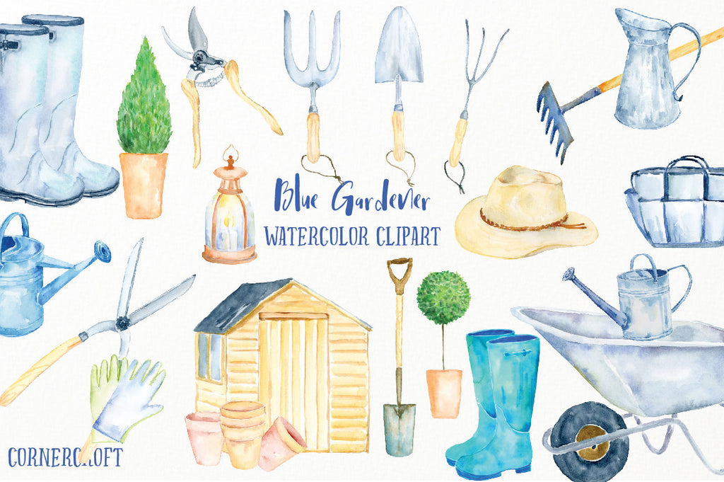 watercolor clipart blue gardener, mens garden shed and garden tools, instant download