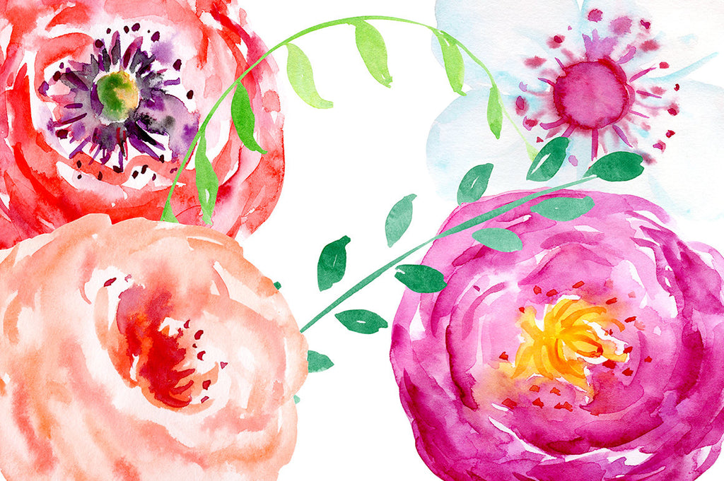 watercolor summer flowers, red flower, white flower, purple flower, instant download