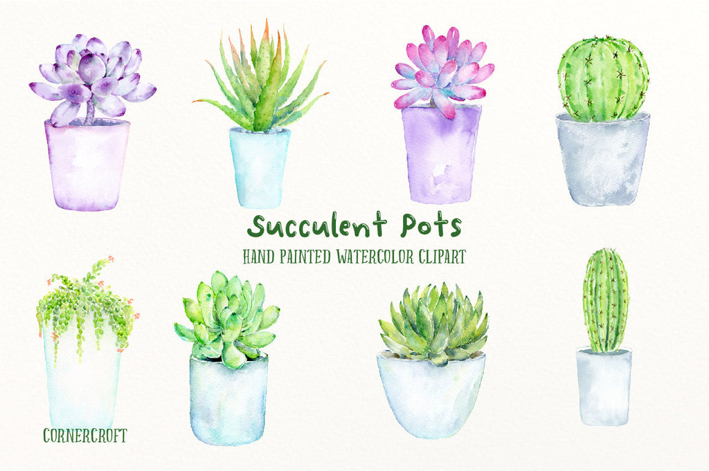 watercolor green, pink and purple succulent plants and cactus in contemporary blue and gray pots for instant download