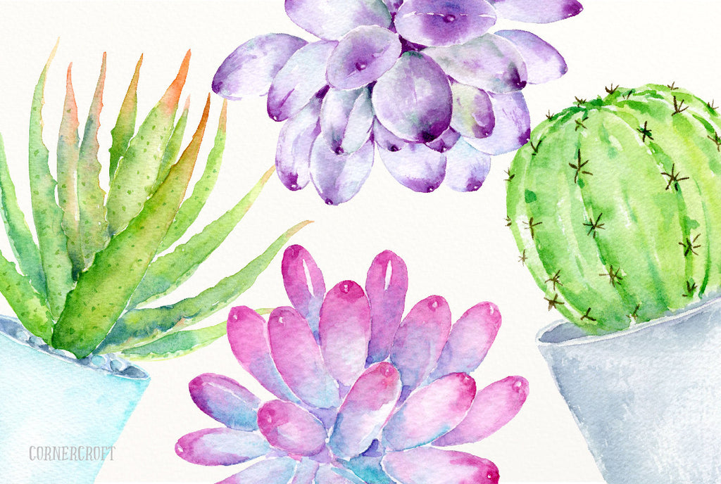 watercolor green, pink and purple succulent plants and cactus in contemporary blue and gray pots for instant download