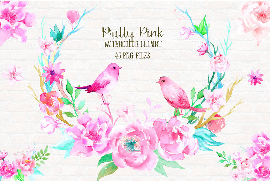 watercolor clipart pink peony, pink birds, wedding clipart, peony clipart