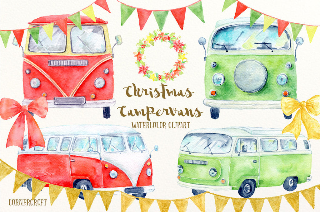 watercolor campervan, green camper van, red camper van, camper van illustration, leisure vehicle 