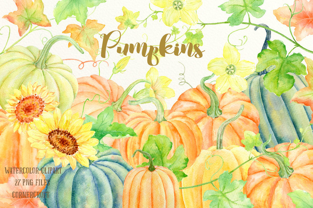 Watercolor clipart Pumpkins for instant download, yellow, gold and green pumpkin instant download