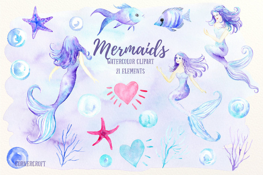watercolor clipart mermaid, mermaid illustration, sea creatures, nursery prints