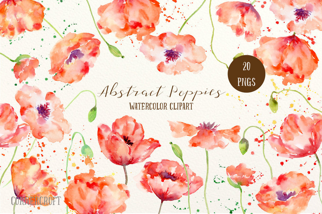 Watercolor Clip Art Abstract Poppies, red poppy, buds and seed head, paint splatters for instant download