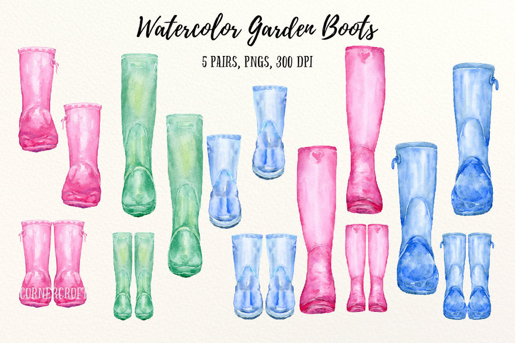 blue, pink and green garden boots, rubber boots, welly illustration, watercolour wellies, 