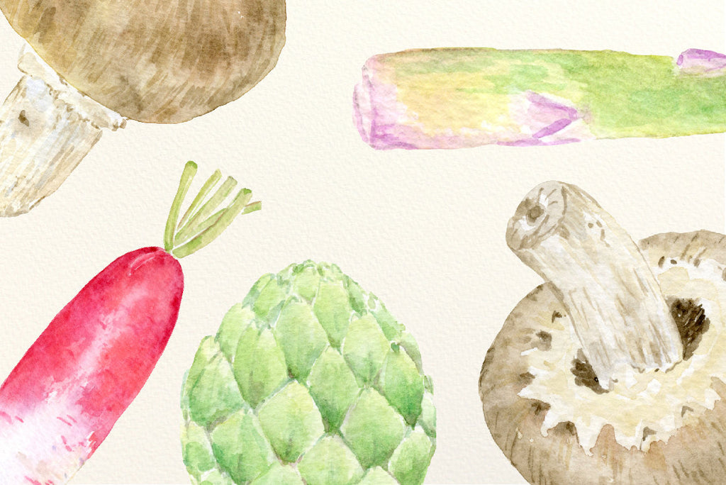 watercolor vegetables mushrooms, asparagus, red radish and globe artichokes, vegetable collection