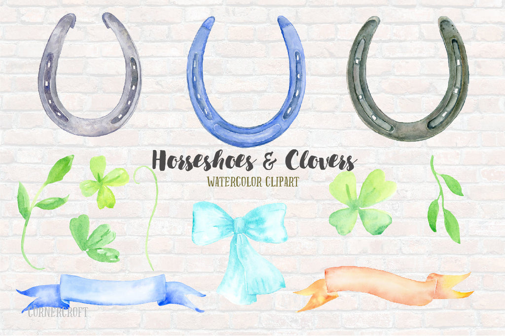 watercolor clipart horseshoe, clover, wedding crest, St. Patrick's day cards, family crest