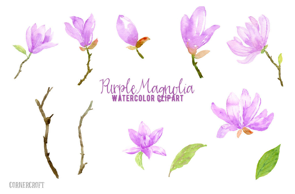 hand painted watercolor purple magnolias, magnolia branches and decorative leaves for instant download