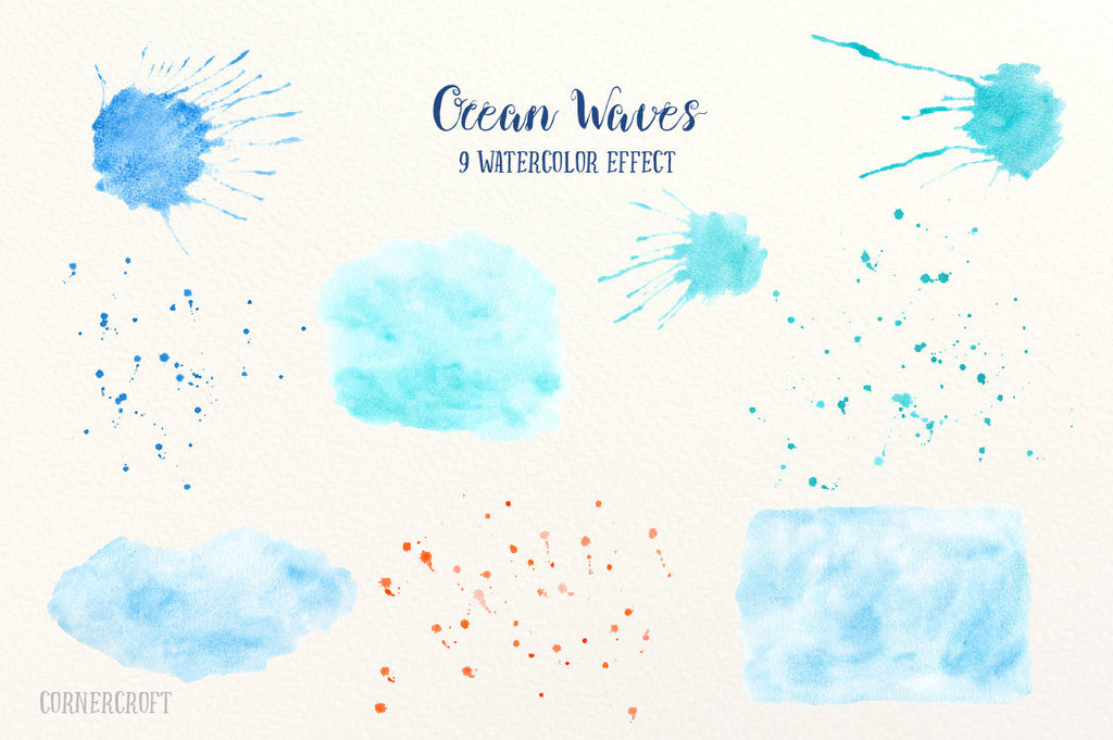 watercolor orange hibiscus, blue roses, swirls and curls, decorative elements,  instant download 