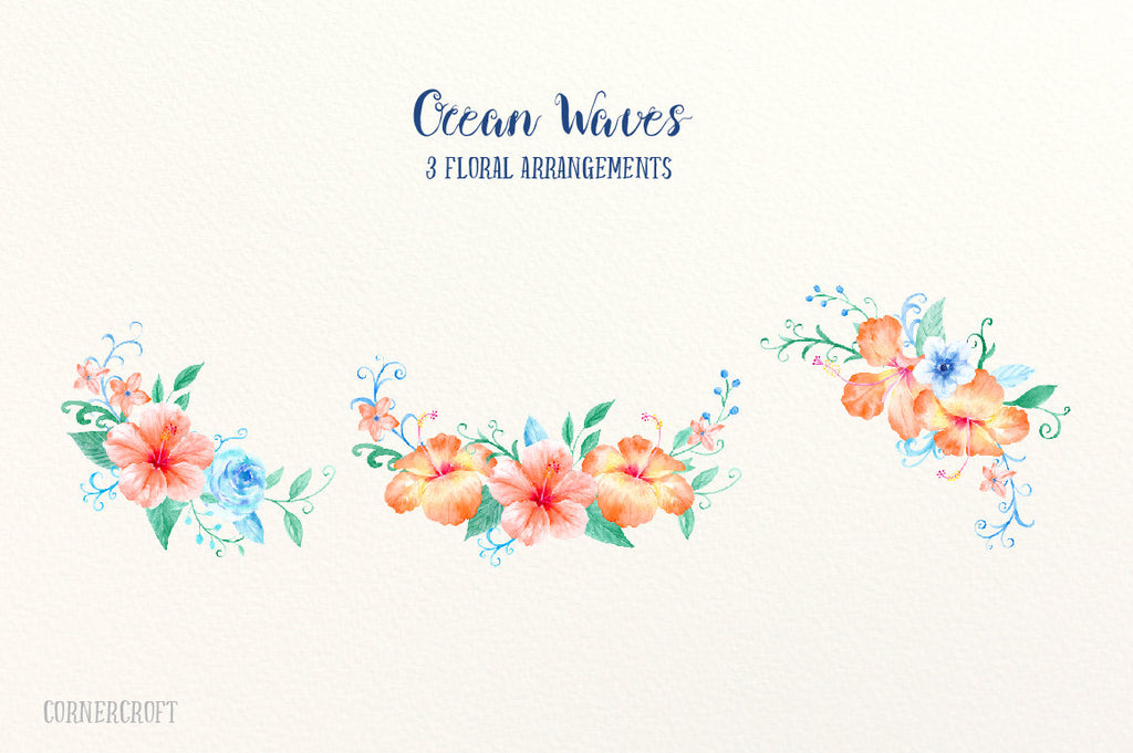 watercolor orange hibiscus, blue roses, swirls and curls, decorative elements,  instant download 