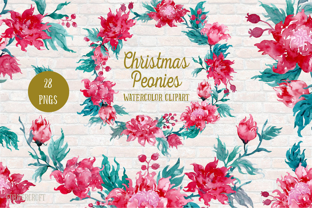 Watercolor Clipart Christmas Peonies, red peony, crimson peony, festive peony and floral arrangements for instant download