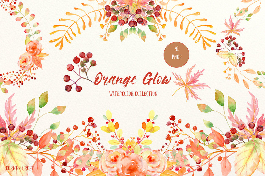 Hand painted watercolor clipart, autumn themed orange and golden leaves, flowers, berries and decorative elements for instant download.