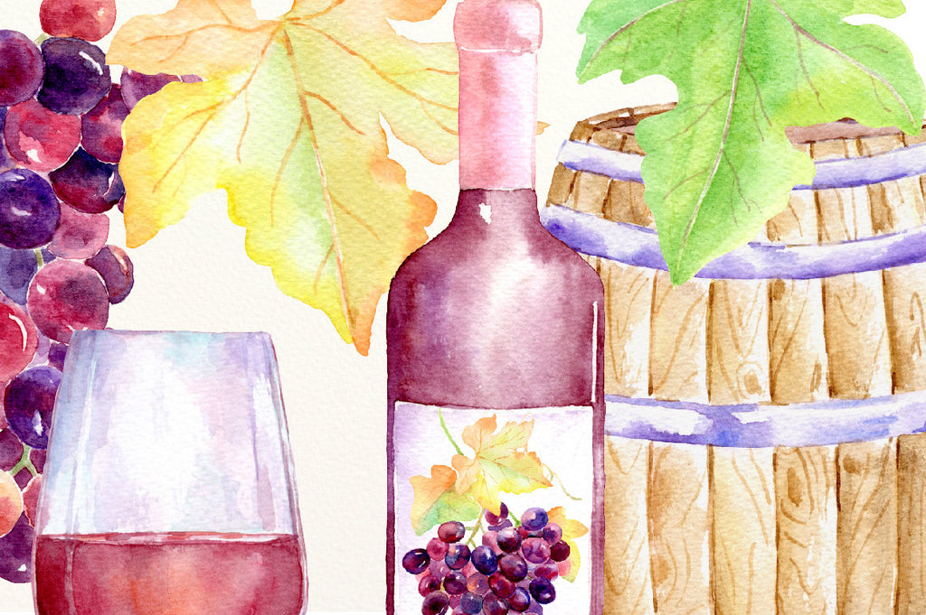 Watercolor Rouge Grapes and Wine, red grapes, vines, bottle of red wine, wine barrel, glass wine, printable for instant download