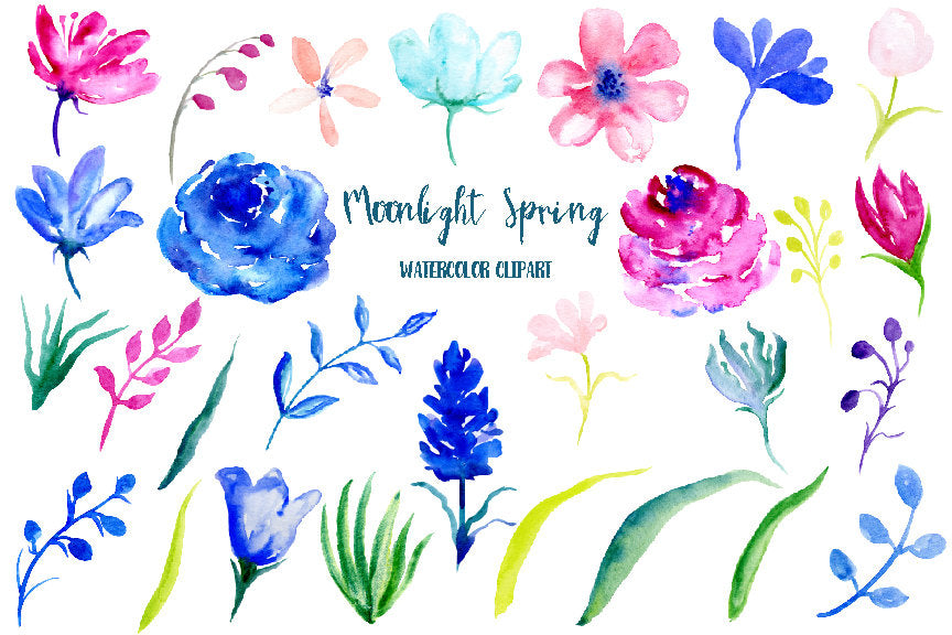 watercolour clipart moonlight spring, dark blue flowers, purple flower, spring bulbs, digital download