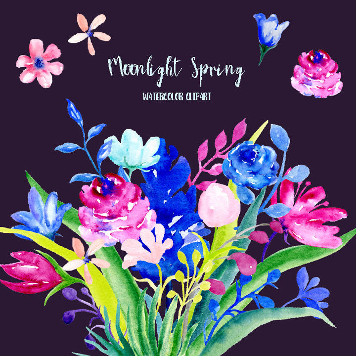 Watercolor clipart moonlight Spring, blue and purple flowers, bulbs, instant download