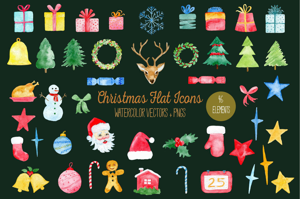 Watercolor Christmas Flat Icons, PNG AND VECTOR, Christmas decorations, christmas tree, wreath, snowman, christmas clipart,instant download