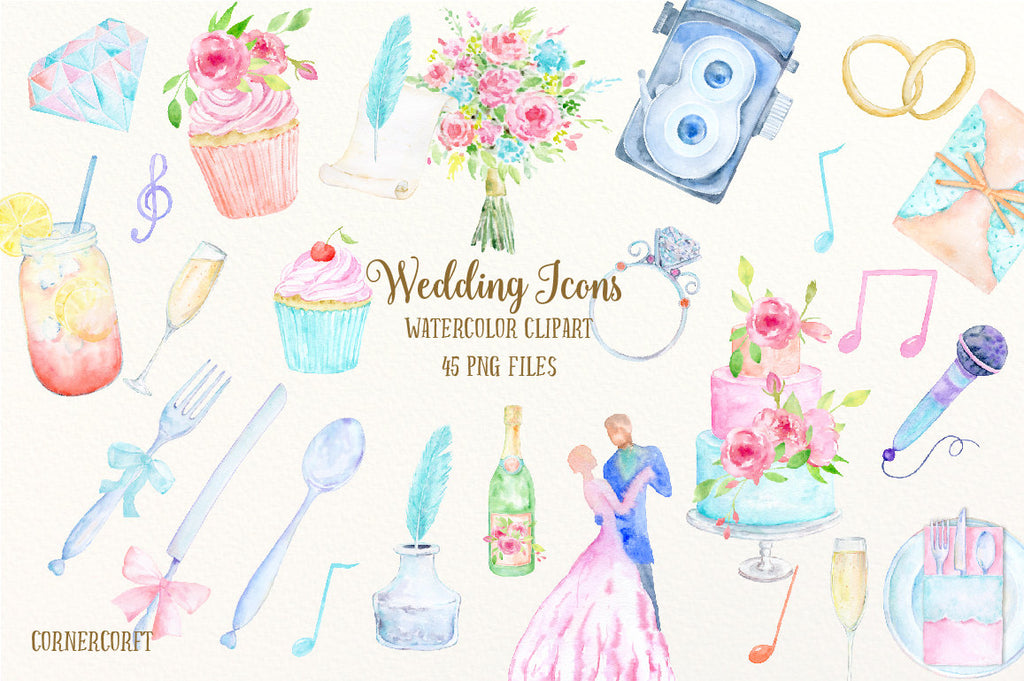 Watercolor wedding icons, wedding cake, cup cakes, vintage camera, wedding invitations, notes, ink and paper, champagne and glasses, wedding bouquet, bride and groom dance, music, disco