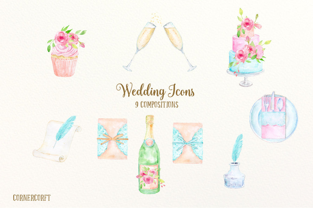 watercolor wedding icons for wedding invitations and wedding programs, instant download 