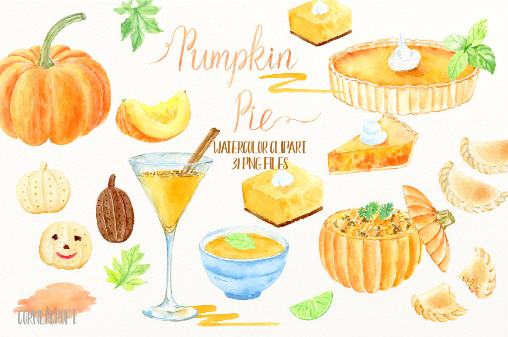 watercolor clipart, watercolor pumpkin pie, pumpkin soup, cocktail, empanadas, biscuit, pumpkin dish, thanksgiving pumpkins, garlish