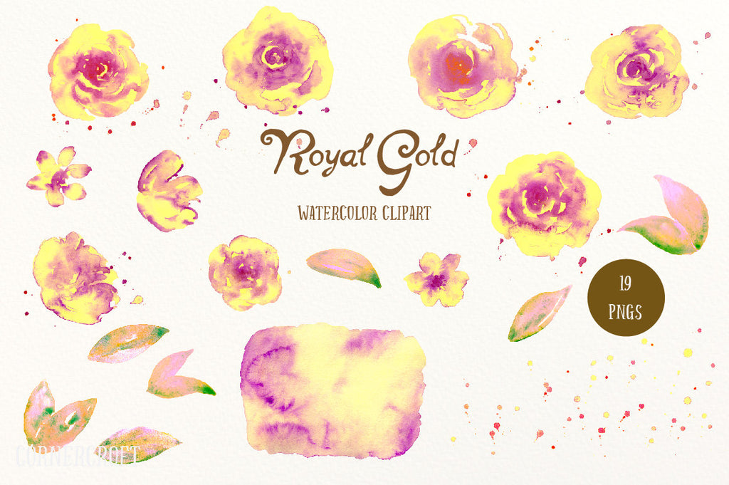 Watercolor Clipart Royal Gold, yellow roses, purple roses, paint splatter, floral arrangement for instant download, yellow rose printable
